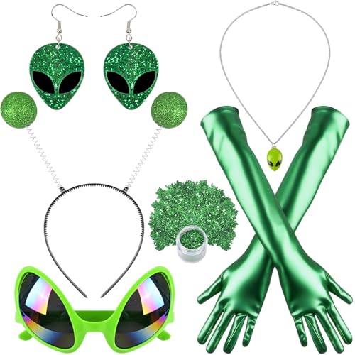 Alien Kostüm Set für Damen - 7 Stück Weltraum Alienkostüm in Grün Erwachsene, Frauen Ausserirdische Kostume mit Haarreif Alienbrille Ohrringe Handschuhe Halskette Glitzer, Coole Kostum für Fasching