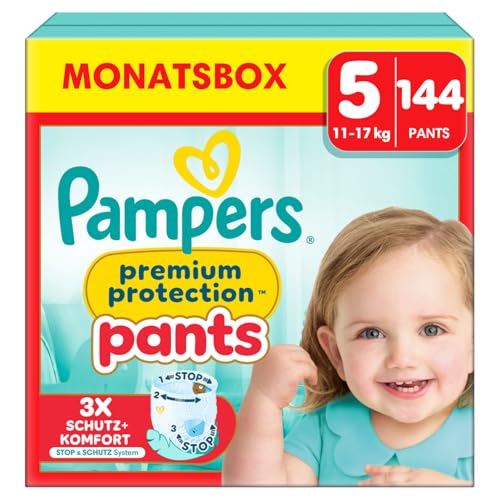 Pampers Premium Protection Pants Größe 5, 144 Windeln, 11kg-17kg, Mit 360° Passform und 2x breiteren Bündchen als vorher für unseren besten Komfort & Schutz