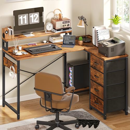 YITAHOME Schreibtisch, Eckschreibtisch mit 4-stufigem DIY-Aufbewahrungsregal Multifunktionstisch mit 2 USB-Anschlüssen & Steckdosen für das Homeoffice, Studium, Wohnzimmer, 130x100x75cm, Vintage-Braun