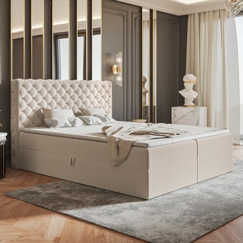 MOTIVENA Nero Chesterfield Boxspringbett 180x200 mit Bettkasten und Topper, Polsterbett 180x200 mit Bettkasten, Bonell-Matratze (H4), T28 Schaumstoff Topper (H3), Samt, Beige (Creme)