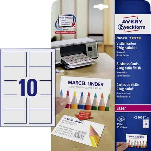 AVERY Zweckform C32026-25 Premium Visitenkarten, blanko (250 Stück, 270g, 85x54 mm, beidseitig bedruckbar, satiniert ultraweiß, absolut glatte Kanten, 25 Blatt) zum Selbstbedrucken auf Laser-Druckern
