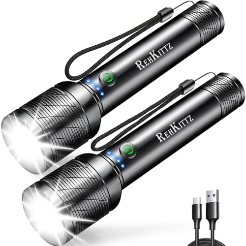 REHKITTZ LED Taschenlampe Extrem Hell 2200 Lumen Aufladbar(mit Integriertem Akku Hoher Kapazität),Mini Taschenlampe mit Batterieanzeige,Lange Laufzeit,Aluminiumlegierung,5 Lichtmodi,Zoombar(2 Stück)
