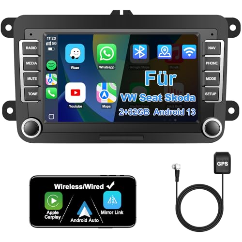 Jimtour Autoradio mit Bildschirm Bluetooth für VW Polo Golf 5 6 T5 Passat Caddy Seat Skoda, 2Din Auto Radio 7 Zoll Touch Display Android 13,mit DAB Navi WLAN Carplay Android Auto Lenkrad Strg