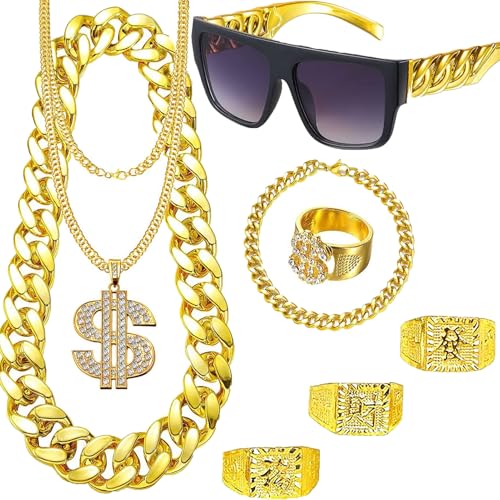 DONGZQAN 8 Stück Gangster Zuhälter Kostüm Goldkette Fasching, Hip Hop Rapper Kostüm, 80er/90er Jahre Outfit Herren, Dollar Kette/Große Goldene Kette/Dollar Ring/Goldenes Armband