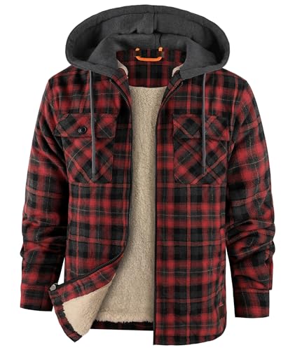 zitysport Hemdjacke Herren Hemd Sherpa Fleece Kariert Gefüttert Kapuzenjacke Fleecefutter Mantel Winterjacke mit Taschen Flanelljacke Outdoor Kariertes Männer Sweatjacke mit Kapuze(Rot Grau, XL)