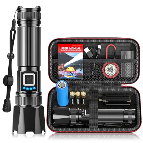 Taschenlampe LED Aufladbar 1000000 Lumens, XHP70.2 Extrem Hell Hohe Helligkeit Zoombar Taschenlampen Starke mit 5 Lichtmodi, IP67 Wasserdichte Flashlight Torch für Camping, Wandern, Outdoor, Notfäll