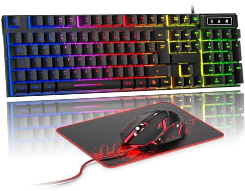 Rewurnth Gaming Tastatur und Maus Set, QWERTZ DE Layout, RGB Hintergrundbeleuchtete Kabelgebundene Tastatur, Ergonomische 4 Farbige LED Gaming Maus, Großes Mauspad, USB Plug & Play für PC PS4 Xbox
