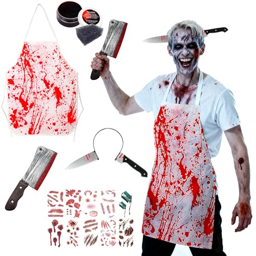 ILMFMY Halloween Metzger Kostüm Herren Damen – Blutige Schürze 73x52 cm, Messer Haarreif, 10 Tattoos & 30g Kunstblut, Horror Kostüm Set für Erwachsene, Gruselige Verkleidung Party & Cosplay