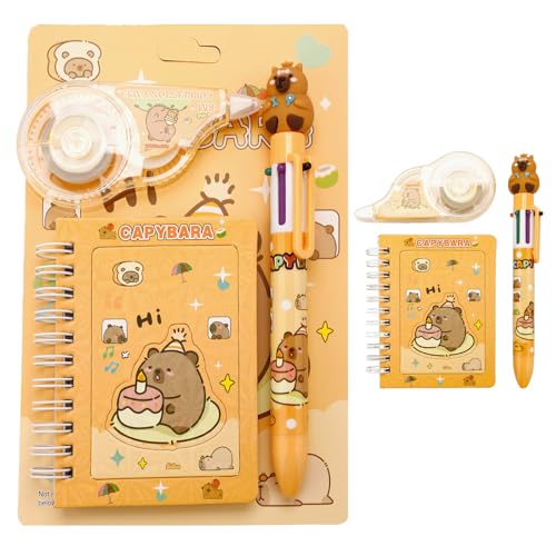 Hyleara Kugelschreiber Set, Wasserschwein Schreibwaren Set, Stifte Set 6-in-1, Notizbuch Korrekturroller, Schreibwaren Capybara für Weihnachten, Bürobedarf und Geschenkideen
