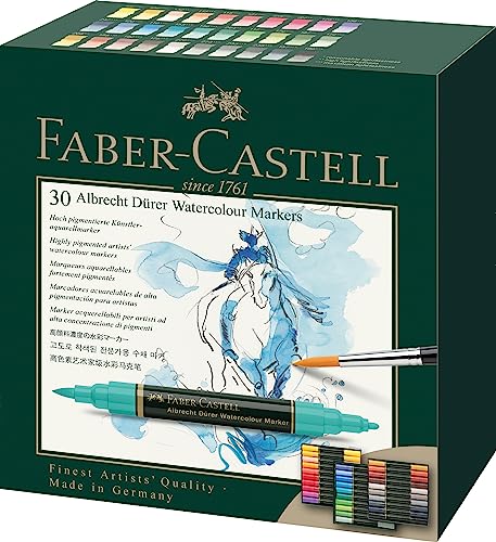 FABER-CASTELL 160330 Aquarellmarker Albrecht Dürer mit Doppelspitze für flächigen und präzisen Farbauftrag, 30er Etui, bunt