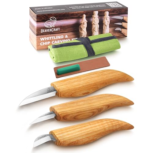 BeaverCraft Holzschnitzmesser-Set S15, Schnitzset für Anfänger, Kinder – Holzschnitzwerkzeug-Set mit detailliertem Spanmesser, Sloyd-Schnitzmessern und Lederstreichriemen, Poliermittel und Tutorials