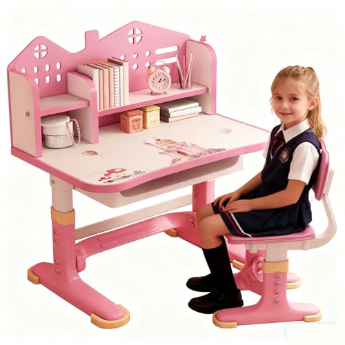 Tifemap Höhenverstellbarer Kinderschreibtisch und Stuhl Set ab 3 Jahren, Schreibtisch Kinder mit Schublade und Bücherregalen, Kinder Schreibtisch für Hausaufgaben, Malen und Bastelarbeiten (Rosa 2)