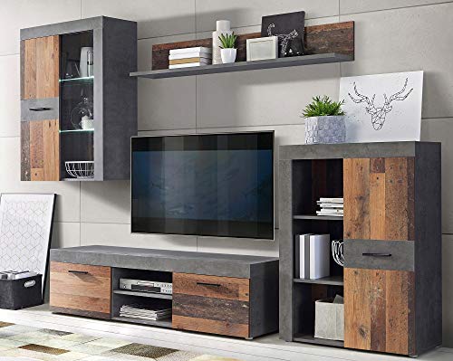 Forte Grigor Wohnwand mit 4 Türen, Holzwerkstoff, Old Wood Wintage mit Betonoptik Dunkelgrau, B x H x T: 290 x 192,3 x 41 cm