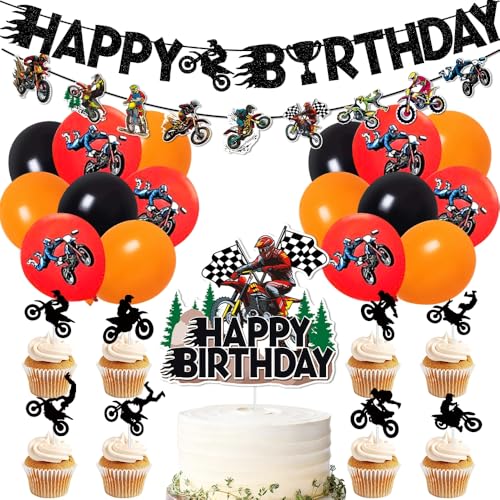 SANYUANHE 37 Stück Motorrad Happy Birthday Banner Party Dekorations Set,Rennauto Tortendeko,Motocross-Muster Luftballons,Cupcake Toppers Dirt Bike Zubehör