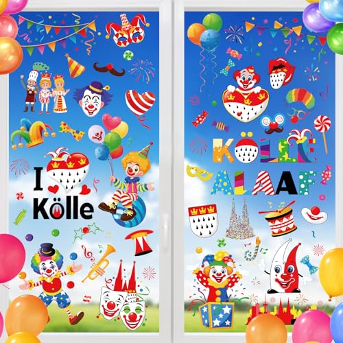 DPKOW 9 x Fensterbilder Kölner Karneval Fensteraufkleber für Köln Karneval Deko Fenster Hause, Fenstersticker Fasching Clown Deko Kölle Alaaf, Dom Dreigestirn Kölle, Original