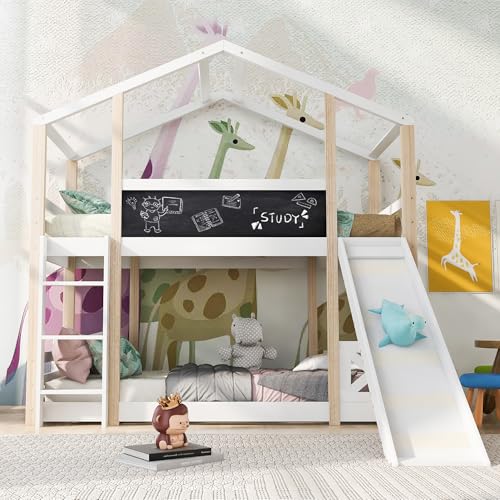 HESHU Kinderbett Etagenbett 90x200 cm, Hausbett mit Rutsche und Tafel, Hochbett für 2 Kinder, Funktionsbett Stockbett mit Lattenrost, Weiß+Natur, ohne Matratze