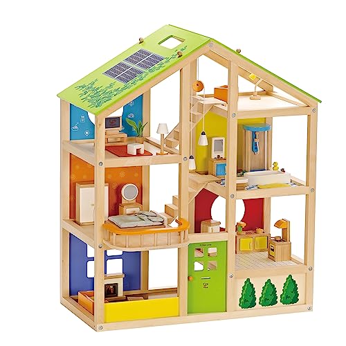 Hape Vier-Jahreszeiten Puppenhaus - aus Holz, Preisgekröntes dreistöckiges Puppenhaus mit Mobiliar, Zubehör, verschiebbaren Treppen und wendbarem Dach für Jede Jahreszeit, für Kinder ab 3 Jahren