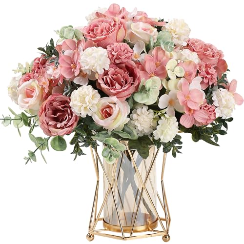 HNVNER 2 Bündel Kunstblumen wie Echt, Künstliche Pfingstrosen Fake Rosen Hortensien Blumen Blumenstrauß, Rosa Fake Seidenblumen für Hochzeit Partei Tischaufsätze Blumenarrangement Heim Küche Dekor