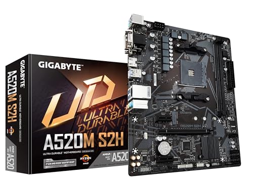 GIGABYTE A520M S2H Mainboard - Unterstützt AMD Ryzen 5000 Serie AM4 CPUs, 4+3 Phasen reines digitales VRM, bis zu 5100MHz DDR4 (OC), PCIe 3.0 x4 M.2, GbE LAN, USB 3.2 Gen 1