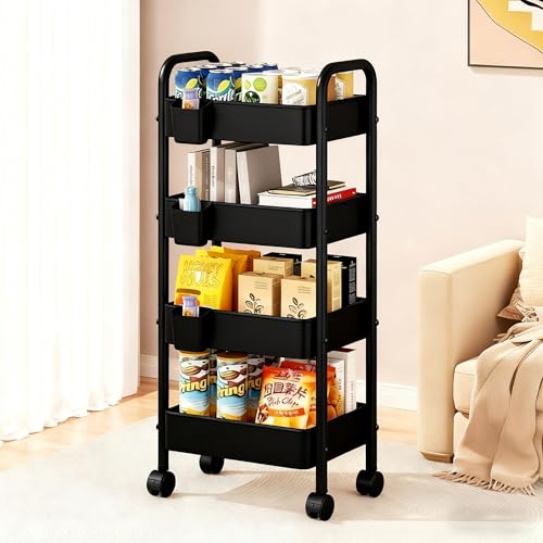 Koolkasa Küchenwagen mit Rollen, 4 Ebenen Rollwagen mit 3 Aufbewahrungsboxen, Metall Nischenwagen mit 360°-Gummiräder mit Bremse für Wohnzimmer Badezimmer Küche Büro (Schwarz)