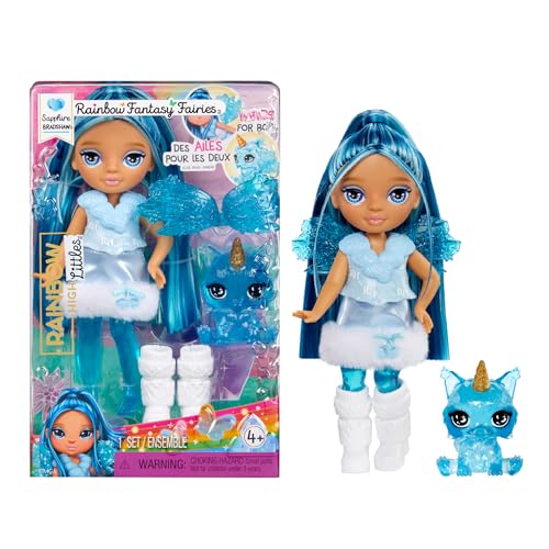 Rainbow High Littles Rainbow Fantasy Fairies & Pet - Sapphire, Blau - 14 cm Kleine, Bewegliche Puppe & Fantasie-Hund mit Austauschbaren Feenflügeln, Süßes Geschenk für Kinder ab 4