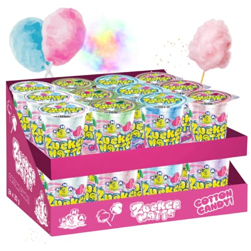 AHA Zuckerwatte 7 bunte Sorten 24 x 20g im Becher, Premium Qualität, Vorratspackung, 4 Geschmackssorten wie auf dem Jahrmarkt für Party, zuHause, Gartenparty, Feier