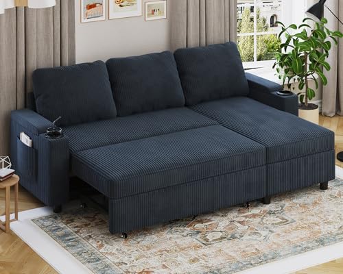 Devoko Ecksofa mit Schlaffunktion und Bettkasten 3 Sitzer Schlafsofa Ausziehbar L Form Couch klein Schlafcouch Wohnlandschaft für Wohnung und Wohnzimmer Velours Blauschwarz