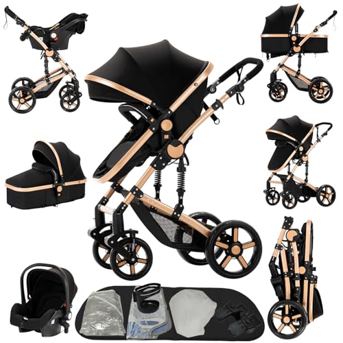 Prokoke Kinderwagen 3 in 1, Kinderwagen Set Einem Klick Faltbar, Kombikinderwagen 3 in 1 mit Umkehrbarem Zwei-Wege-Schub, Buggy Rahmen Aluminiumlegierung Baby Kleinkind Neugeborene (black gold 588)