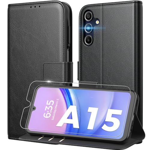Peakally Handyhülle für Samsung Galaxy A15 5G / A15 4G Hülle [Mit 1 Stück Panzer Schutz Glas] [Premium PU Leder] [RFID-Blockierung] [Kartenfach] [Ständer] Klapphülle mit Galaxy A15 - Schwarz