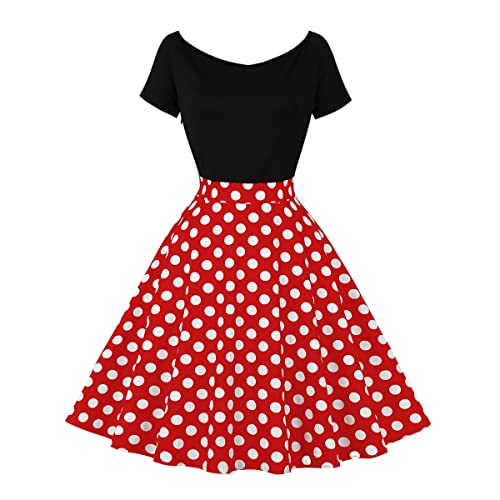 Odizli Rockabilly Kleider Damen Vintage Retro 50er Jahre Petticoat Kleid 1950er 60er Off Shoulder Polka Dot Gepunktet Swing A Linie Knielang Sommer Coctailkleid Festlich Kurz Abendkleid Rot M