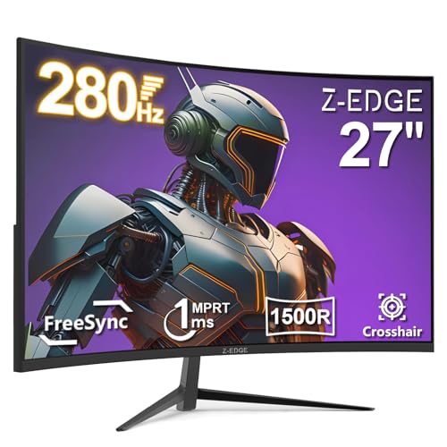 Z-Edge 27 Zoll Curved Gaming Monitor 280Hz (DP) 240Hz (HDMI) 1ms MPRT Full HD LED Monitor, 350cd/m² Helligkeit, 16:9 Curved Bildschirm, FreeSync, HDMI 2.0 & DisplayPort 1.2 - Schwarz