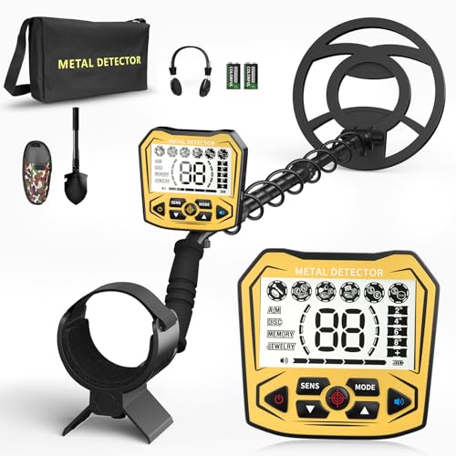 Metalldetektor für Erwachsene und Kinder, einstellbare Länge, Empfindlichkeit und Audioausgabe, 5 Suchmodi, LCD-Display, professionelles Golddetektor-Set für Strand, Garten und Jagd (GELB)