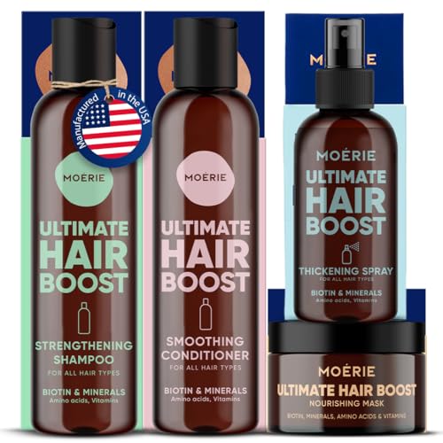 MOERIE Shampoo Set - gegen Haarausfall, Conditioner, Haarwachstum Serum & Haarmaske - natürlich Haarwachstum beschleunigen - Veganes Haarwuchsmittel Frauen & Männer - 77 Mineralien (4er-Set)