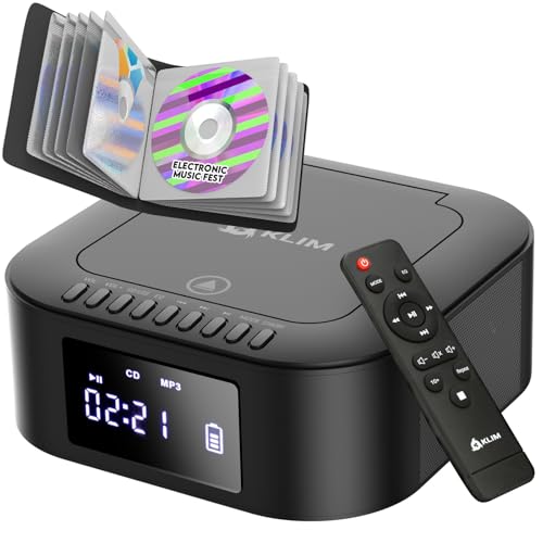 KLIM Boombox E1 Radio mit CD Player - CD-Hülle - BASS Boost mit Tieftöner - FM Radio, MP3, Bluetooth, AUX, USB - CD-R Player tragbar mit kabellosem Modus und aufladbaren Akku - Mit Fernbedienung