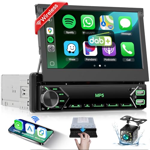7 Zoll Flip Out 1 Din Autoradio mit DAB Wireless Carplay Android Auto, Podofo 1 Din Touchscreen Bluetooth Autoradio mit Mirror Link EQ FM USB Typ-C AUX Mikrofon HD Rückfahrkamera
