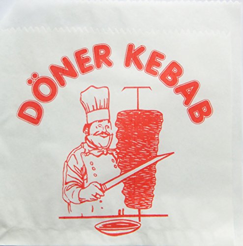 Starpak 100 Stück Döner - Kebab - Tüten (Weiß mit Rotem Motiv und Schriftaufdruck / 16 x 16 cm, Wegwerfbar, Versiegelte Papiertasche mit zwei offenen Seiten, Papier, Kunststoff, Kopffalt)