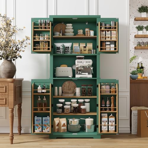 HOLTICO Küchenschrank mit Arbeitsplatte, Hochschrank Küchenbuffet buffetschrank, Esszimmerschrank, Speisekammer mit Türen und Regalen für Esszimmer, Waschküche, Wohnzimmer, Grün