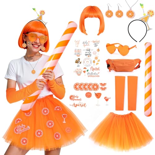 ImnBest 23 Stück Apero Kostüm für karneval kostüm damen,Tüllrock Orange Handschuhe Stirnband Sonnenbrille Halskette Ohrringe Temporäre tattoosfür Fasching Festival Party,Geschenk für Aperol-Liebhaber