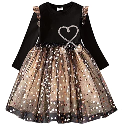 DXTON Mädchen Kleid Einhorn Gedruckt Prinzessin Freizeit Knielang Langarm Kleid Winter SchwarzLh4866 7T