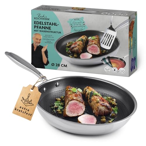 Kochwerk Rachs Bratpfanne mit Wabenstruktur ⌀28 | Edelstahl-Pfanne mit Antihaftbeschichtung & hohem Rand | Geeignet für alle Herdarten | Kratzfest & backofenfest | Inkl. 2 Rezeptideen