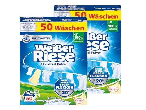 Weißer Riese Universal Pulver 100 Waschladungen (2x 50 WL), Vollwaschmittel wirkt riesig stark gegen Flecken, Kalt-Aktiv schon ab 20° C, ergiebiges Waschpulver, ideal für Familien mit Kindern