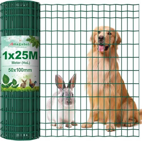 Amagabeli 1M X 25M Gartenzaun Zaun PVC-beschichteter 100 x 50mm 2.1 mm Drahtzaun Maschendraht Wildzaun/Hundezaun Rostfrei Zaunelemente Grünen Maschenweite Drahtgitter Kaninchendraht Forstzaun