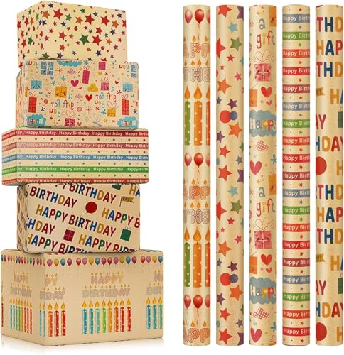 5 Rollen Geschenkpapier Geburtstag, 43cm x 3m Geschenkpapier Rolle,Geschenkpapier Kraftpapier mit 2 Hanfseil & 2 Klebeband,für Kindergeburtstag Hochzeit Babyparty Weihnachten (Type B)