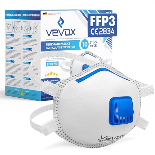 VEVOX® FFP3 Maske mit Ventil – 5er, 10er oder 20er Set – Staubmaske – Atemschutzmaske – Staubschutzmaske – Feinstaubmaske – Atemschutz z.B. gegen Feinstaub, Schimmel oder Asbest