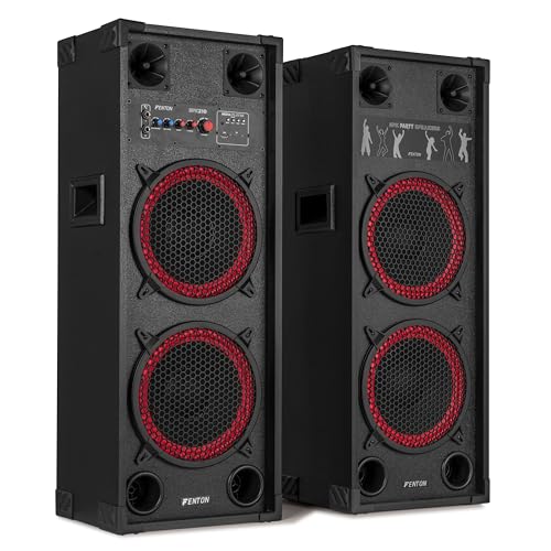 Fenton SPK-210 PA Anlage Aktiv Komplettset 1200 Watt – Party Lautsprecher Paar mit Bluetooth & USB – DJ Anlage Boxen Musik – 2X 10 Doppel-Woofer Standlautsprecher – Musikbox Groß für Karaoke & Events