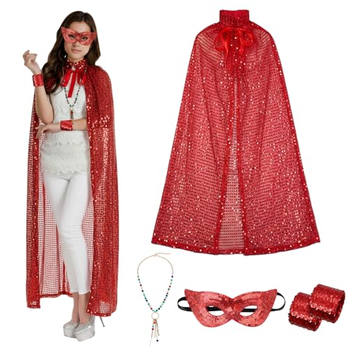 Srvak 4 Stücke Damen Karneval Kostüm Set, Lange Pailletten Glitzer Outfit Umhang Maske Armblumen & Halskette für Halloween Fasching, Karnevalkostüm Frauen (Rot, Einheitsgröße)