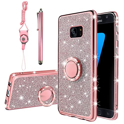 KuDiNi Schutzhülle für Samsung Galaxy S7 Edge, Galaxy S7 Edge, Handyhülle für Frauen, Glitzer, Kristall, weich, Luxus-Bling, niedliche Schutzhülle mit Ständergurt für S7 Edge Hülle (Glitzer-Rose)