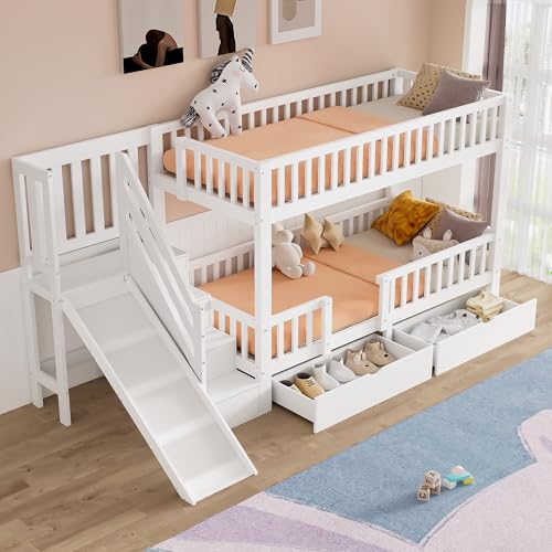 xixiworkshop Kinderbett Hochbett 90×200,Etagenbett mit 2 Schubladen/Treppe/Rutsche, Jugendbett mit Lattenrost/Rausfallschutz/Stauraum, ohne matratze