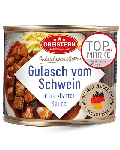 DREISTERN Schweinegulasch 500g I Mit pikanter Sauce I Herzhaftes Fertiggericht in recyclebarer Konservendose I Lange Haltbarkeit dank natürlicher Konservierung I Hausmacher Qualität