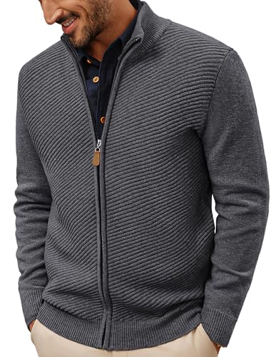 PJ PAUL JONES Cardigan Herren Strickjacke mit Reissverschluß Stehkragen Winter ohne Kapuze Cardigan Dunkelgrau XL